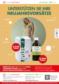 <strong>Aktion: Abnehmen leicht gemacht</strong><br /><br />
Stehen Abnehmen und Entschlacken auf Ihren Neujahrsvorsätzen? GRANA Topinambur-Tropfen und ApoLife Gewichtskontrolle unterstützen den normalen Stoffwechsel, die Fettverdauung und ein natürliches Sättigungsgefühl. Damit begleiten sie Sie sanft bei Ihren Neujahrsvorsätzen und einem bewussteren Lebensstil.<br />
Beim Kauf der GRANA Topinambur-Tropfen (100 ml) oder ApoLife Gewichtskontrolle (60 Kapseln) sparen Sie jetzt 2,50 €. Machen Sie es sich leicht!<br />
Gerne beraten wir Sie persönlich in unserer Apotheke.<br />
<br /><br />
Aktion gültig bis 28.02.2026