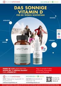 <strong>Winter-Aktion: "Sonnige Wohlfühltage"</strong><br /><br />
Sparen Sie jetzt 2,50 € beim Kauf von ApoLife Vitamin D3 Tropfen oder ApoLife Nr. 17 Mentale Balance. Wir empfehlen auch gerne die Kombination dieser beiden Produkte, denn gerade in der dunklen Jahreszeit ist es wichtig, Körper und Geist zu unterstützen. <br /><br />
Unser Team berät Sie individuell und freut sich auf Ihren Besuch.<br />
<br /><br />
Aktion gültig bis 31.12.2025